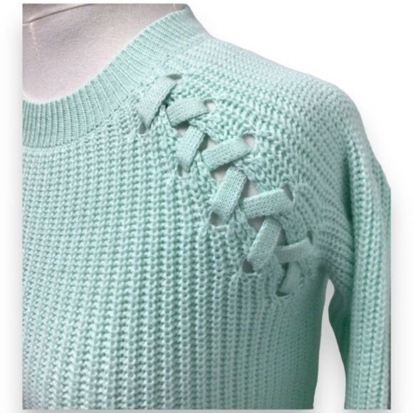 SO Women’s Crew Neck Ribbed Sweater Lace-Up Embellish, Mint, size XS - Picture 2 of 7